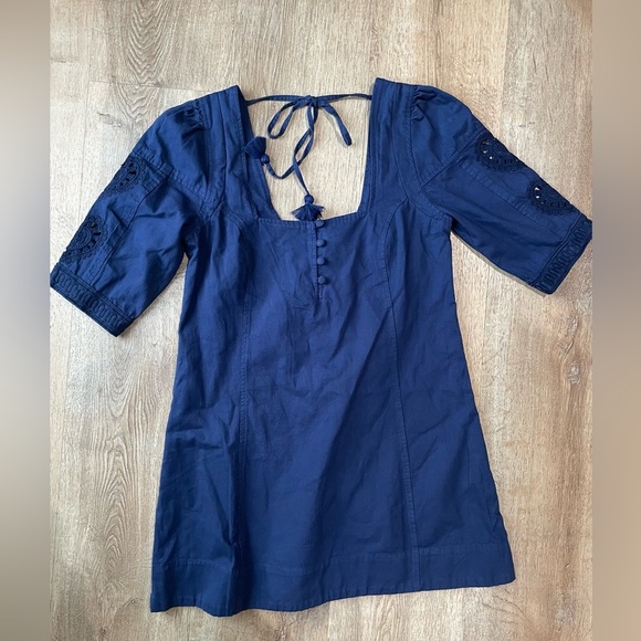 Free People Boho Navy Puff Sleeve Mini Dress Tassel Tie Embroidery Size S Bali - Picture 1 of 5